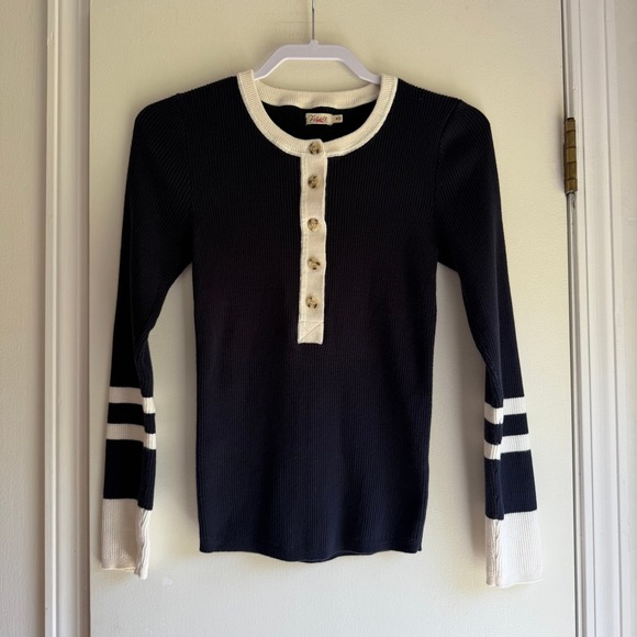 Faherty Sweaters - Faherty Navy Blue Organic Cotton Cashmere Ribbed Henley Sweater Stripe WYC0006